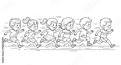 Children running in a race, a black and white illustration of kids.