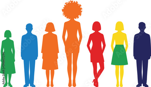 Colorful collection of diverse human silhouettes in various vibrant shades representing inclusion equality unity and a multiethnic community standing together on a white background