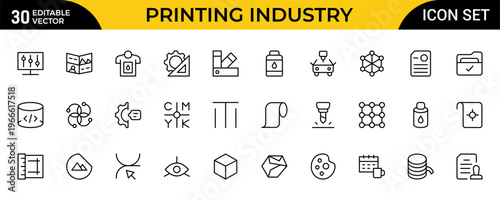 Printing Industry Line Icon Set for Print Shop, Offset Printing, Packaging, Publishing and Graphic Production Outline Vector Collection