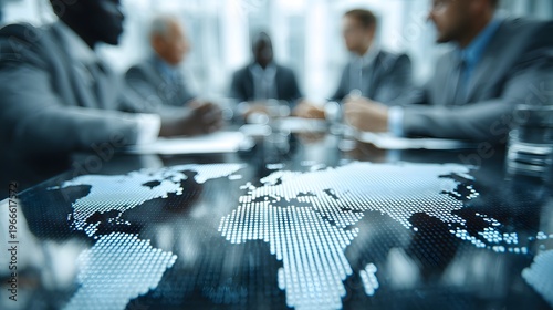 leaders discussing strategy with blurred global map behind