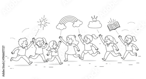 Children Running Joyfully in a Parade with Decorations.