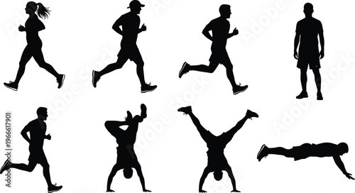 Set of black silhouettes featuring active people running performing handstands and doing pushups representing fitness workout strength and healthy lifestyle isolated on white background