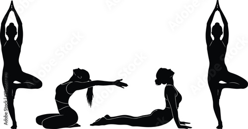 Set of black silhouettes featuring a young woman practicing various yoga poses including tree pose cobra and stretching exercises for health and wellness on white