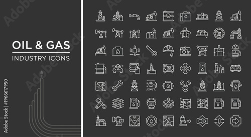 Comprehensive vector icon set detailing various aspects of the oil and gas industry, perfect for illustrating energy production, exploration, and global fuel resources