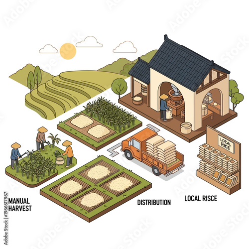 Isometric illustration depicting the entire process of rice cultivation, from manual harvesting and processing to distribution and local sale.