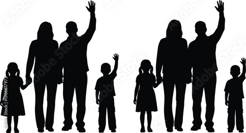 Set of black silhouettes of a happy family with father mother daughter and son standing together and waving hands isolated on white background