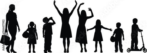 Set of black silhouettes featuring mothers and children playing with balls riding a scooter and waving hands representing happy family life and childhood activity