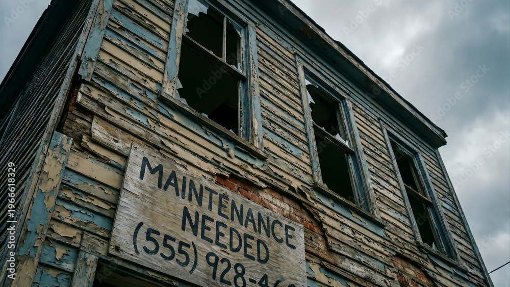 Obraz premium A severely dilapidated, old wooden building showcases extensive peeling blue and beige paint on its worn siding, numerous broken glass windows, and a stark