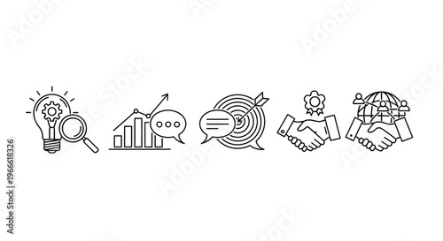 Comprehensive collection of business strategy and collaboration line icons, representing innovation, growth, communication, goal achievement, and teamwork concepts