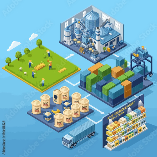 Isometric illustration depicting the entire process of rice production, from cultivation and processing to packaging and export.