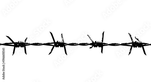 Close-up of a horizontal barbed wire fence segment against a white background, symbolizing restriction and confinement