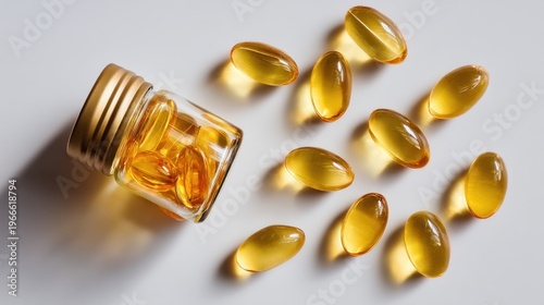 Close up of golden soft gel capsules spilling from a glass bottle