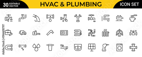 HVAC and Plumbing Line Icon Set for Heating, Ventilation, Air Conditioning, Water Systems, Home Maintenance and Repair Services Outline Vector Collection