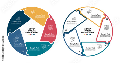 Vector circle puzzle infographic with 5 option steps with business icons and layout. Business presentation template, web, annual, UI UX, brochure, advertising, poster. Vector editable.