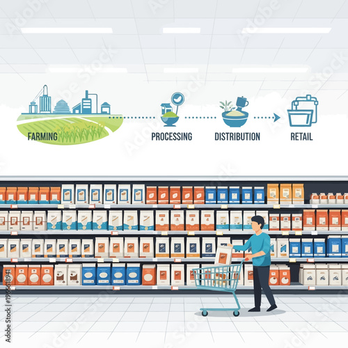 A man shops for groceries in a supermarket aisle, with a visual representation of the food supply chain from farming to retail above.