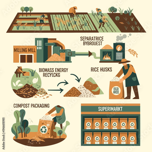 Visualizing the complete lifecycle of rice husk utilization, from farming and milling to energy production, composting, and retail sale.