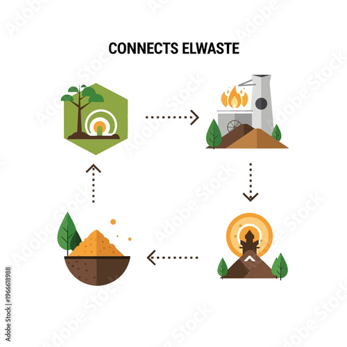 Diagram illustrating the connection of e-waste through a circular process involving recycling and resource recovery.