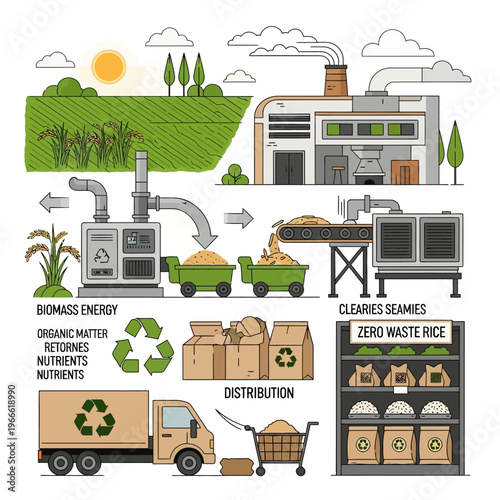 Illustration of a zero-waste rice production cycle, from biomass energy generation to distribution and retail, emphasizing sustainability and recycling.