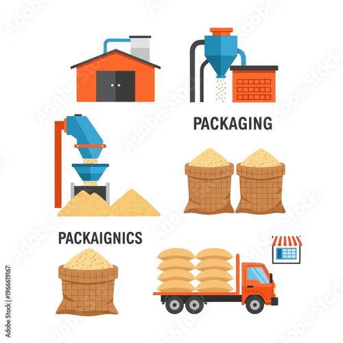 Illustrations depicting the industrial process of grain packaging, from processing to delivery.