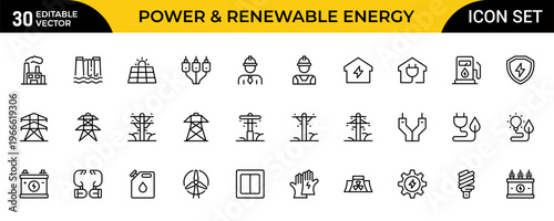 Power and Renewable Energy Line Icon Set – Electricity, Green Energy and Sustainable Technology Outline Icons Collection, Editable Vector Illustration