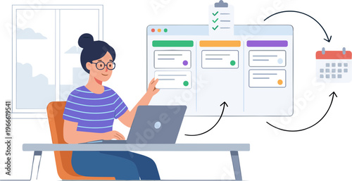A woman sits at a desk using a laptop and interacting with a large calendar and workflow diagram on the wall in an office.