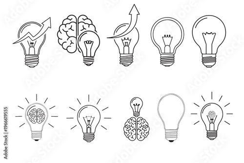 Black and white light bulb icons with brain for business concept