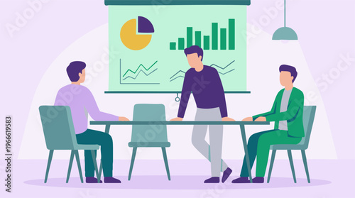 Business team analyzing data in a meeting with charts on a projection screen