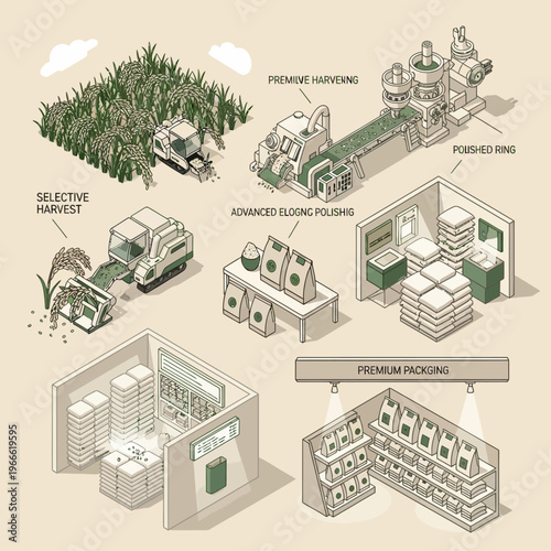 Illustrative diagram showcasing the comprehensive process of rice cultivation, harvesting, processing, and premium packaging for consumer sale.