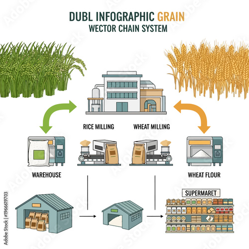 Infographic illustrating the grain vector chain system, from cultivation to supermarket distribution, including rice and wheat milling processes.