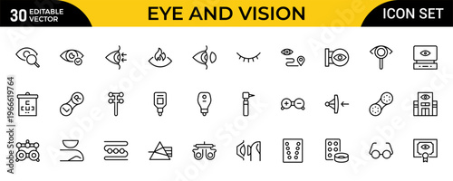Eye and Vision Line Icon Set – Optical, Sight, Anatomy and Perception Outline Icons Collection, Editable Vector Illustration
