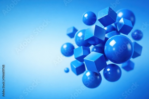 Abstract composition of blue spheres and cubes floating against a gradient background