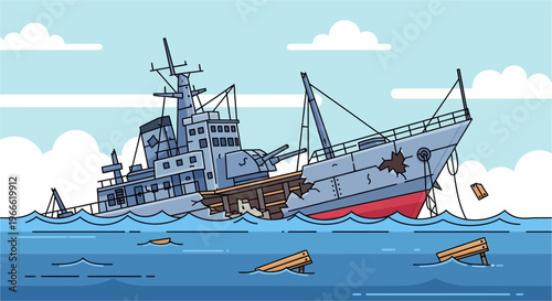 A large, damaged grey ship is sinking in the blue ocean, with debris floating around it under a clear sky.