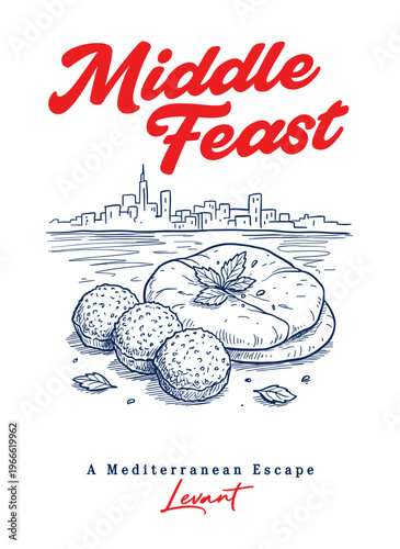 Middle East feast poster with hand drawn falafel and pita bread, Levant Mediterranean food illustration with city skyline for menu or flyer