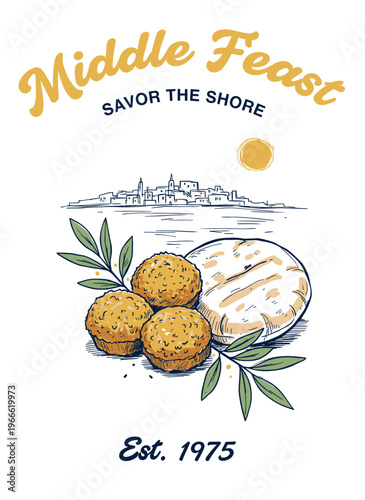Middle Eastern falafel and pita bread with olive branch and coastal city skyline, vintage hand-drawn food illustration for restaurant menu or t-shirt design