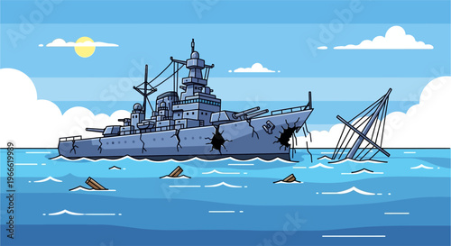 A cartoon illustration of a heavily damaged battleship floating in the ocean with a sinking ship nearby under a blue sky.