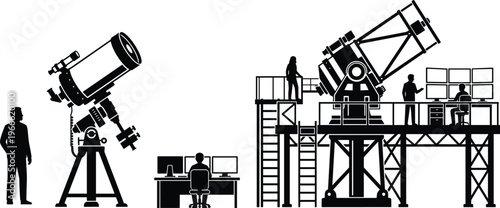 Professional silhouettes of astronomers working in observatory with large telescopes and computer monitoring stations for space exploration research and deep sky celestial observation