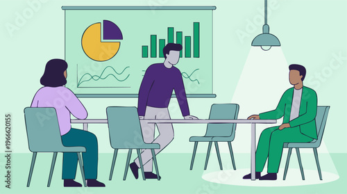 Business meeting with data analysis and presentation in a conference room
