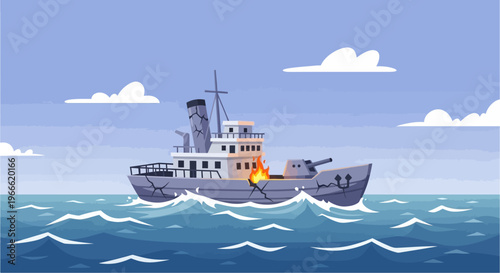A cartoon illustration of a grey warship on the open sea with an explosion on its side, depicting a naval battle or damage.