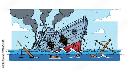 A large, damaged ship with smoke billowing from its funnels and holes in its hull, sinking in choppy waters with debris floating around.