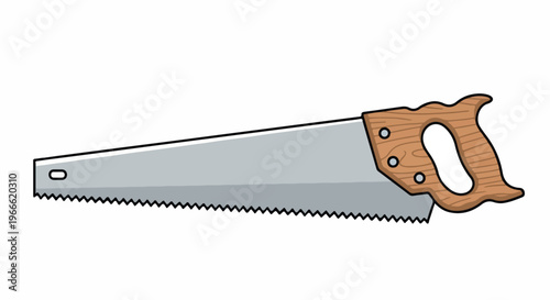 Illustration of a handsaw with a wooden handle on a white background in a graphic style.