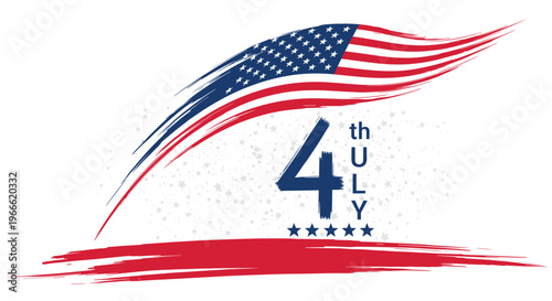 Dynamic 4th of July celebration banner featuring a brushstroke styled US flag and stars on a white background.