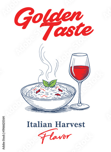 Italian risotto bowl and red wine glass hand drawn sketch illustration for restaurant menu and poster design