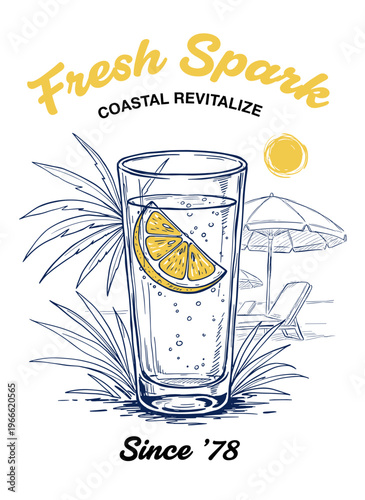 Fresh spark coastal revitalize summer drink with lemon slice and palm leaves, vintage hand drawn sketch vector illustration for t-shirt design