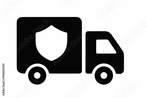 Black delivery truck icon with shield emblem on cargo box. Modern symbol for secure shipping, insured transport, protected parcels and trusted logistics service.