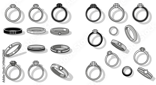 Collection of exquisite diamond and band rings, showcasing detailed line art on a white background