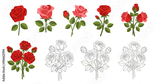 Collection of stylized red and pink rose bouquets with green leaves and buds, presented in both full color and line art outlines for versatile graphic design applications