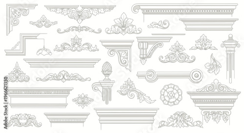Collection of decorative architectural elements, including ornate cornices, borders, and molding designs, perfect for interior and exterior embellishment