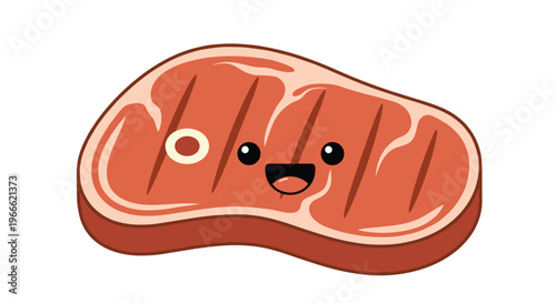 Adorable kawaii style steak cartoon character with a happy smiling face and grill marks isolated on a white background.