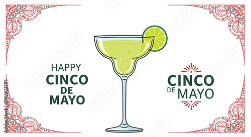 Refreshing lime margarita cocktail in a glass with a citrus slice and decorative borders for a festive Cinco de Mayo party.