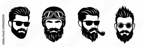 Set of male avatar heads with sunglasses, hairstyles and beards in black silhouette. Barber shop, hipster fashion and grooming concept for logos, icons or profile design.